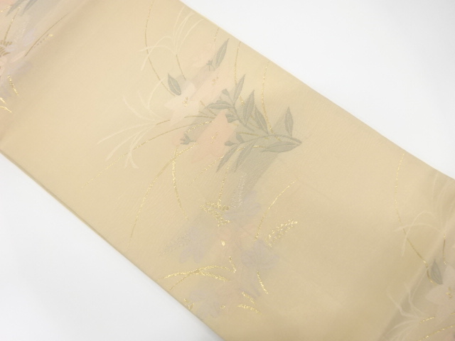 正絹　紗　萩に桔梗模様織り出し　夏用袋帯